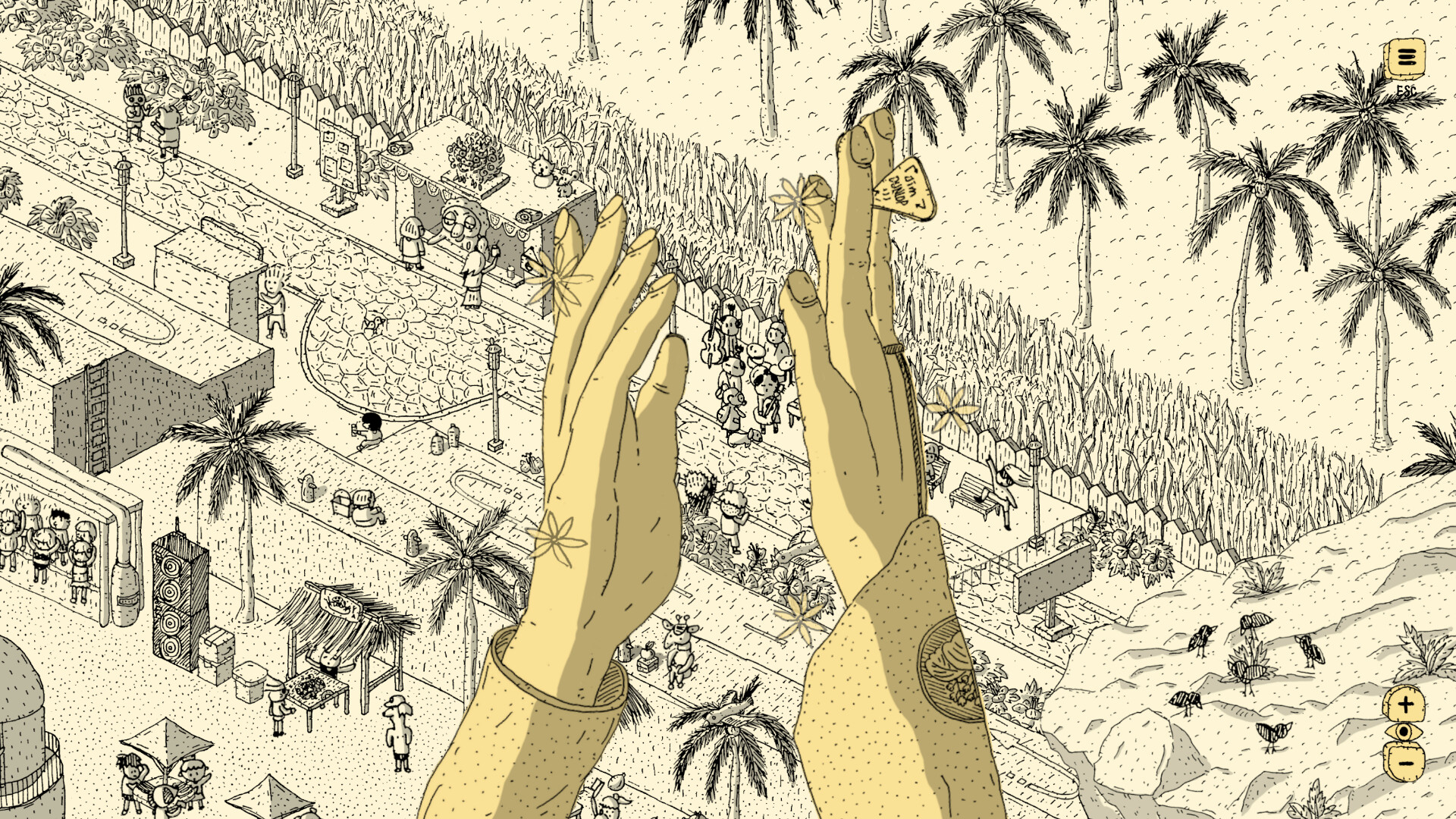 Finding Polka's drawn world with characters, palm trees and a monument shaped like hands