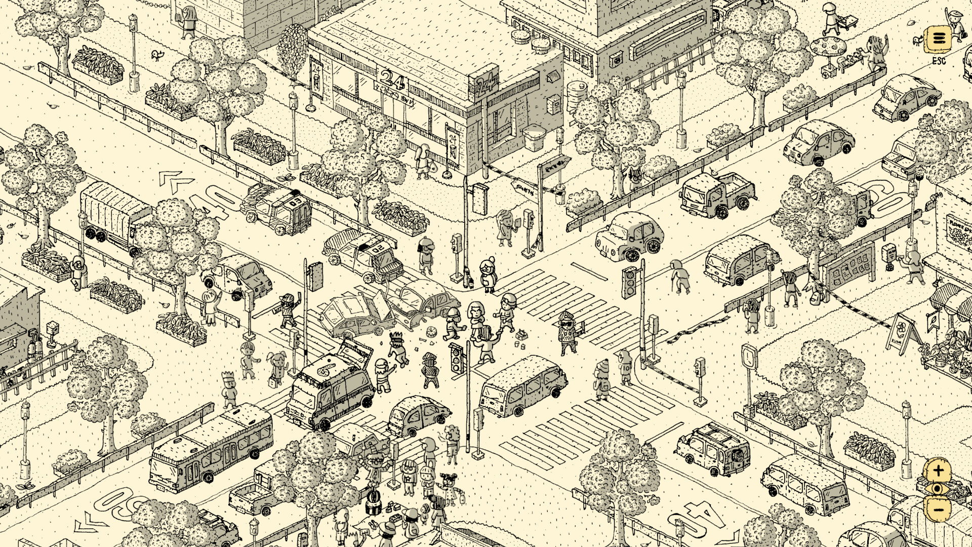 Characters and cars at a city intersection in Finding Polka's pen-drawn world