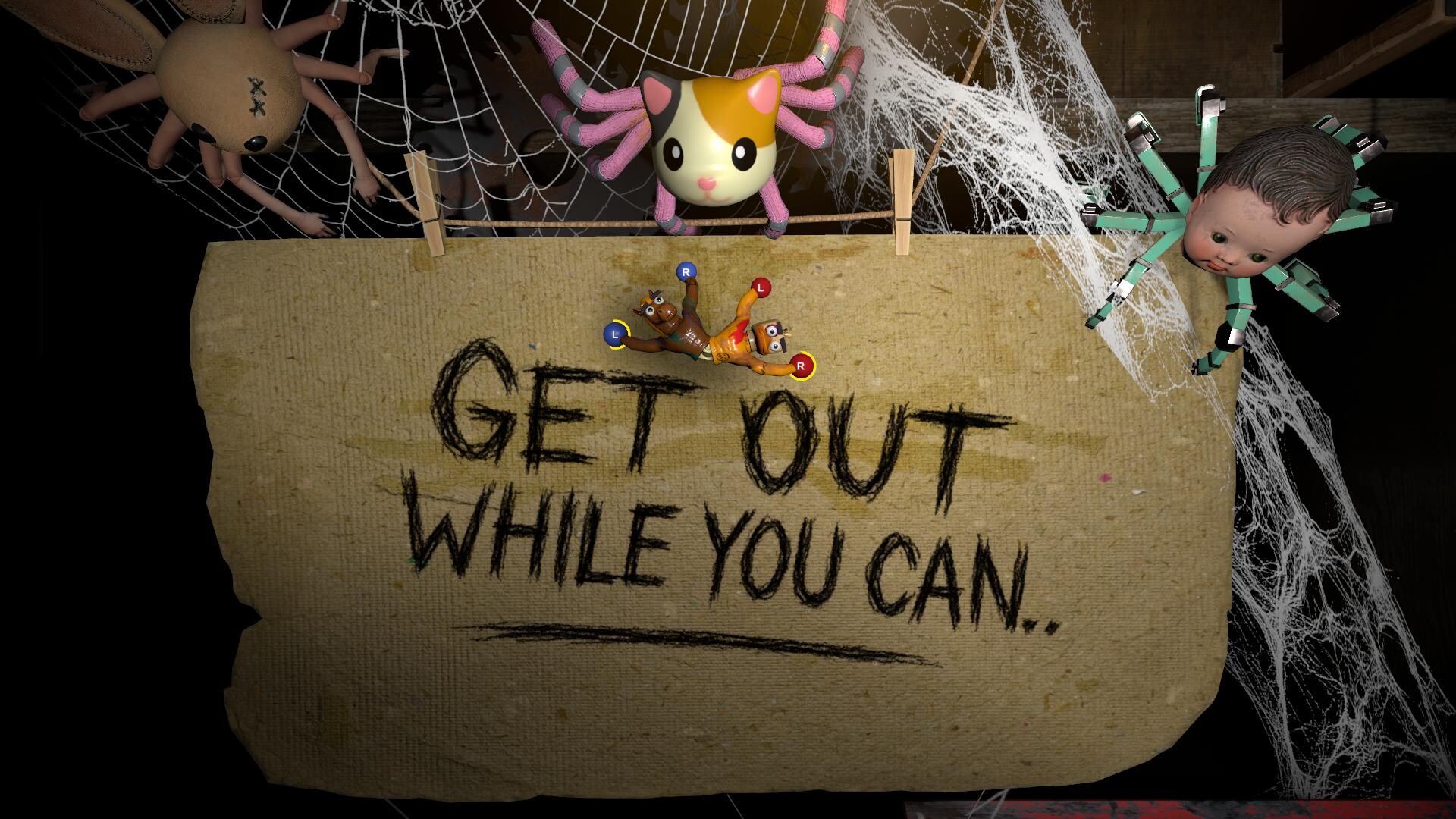 Two connected toys cling to a poster surrounded by webs and dolls in Stuck Together