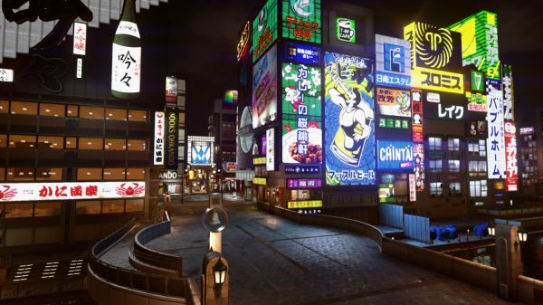 Illuminated Sotenbori intersection at night in Yakuza Kiwami 2