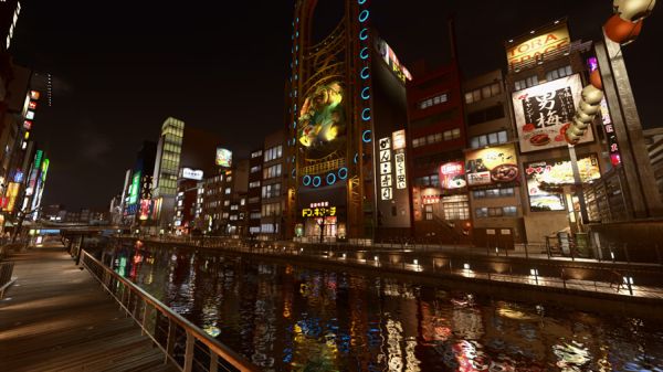 Sotenbori canal and its signs reflected in the water in Yakuza Kiwami 2