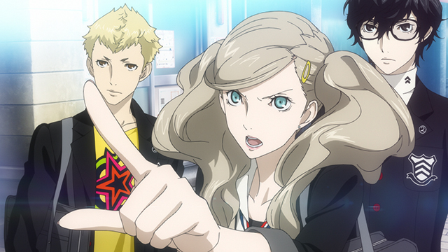 Ann, Ryuji, and the protagonist in an animated Persona 5 scene.