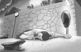Ace Attorney scene with a character lying beside a payphone
