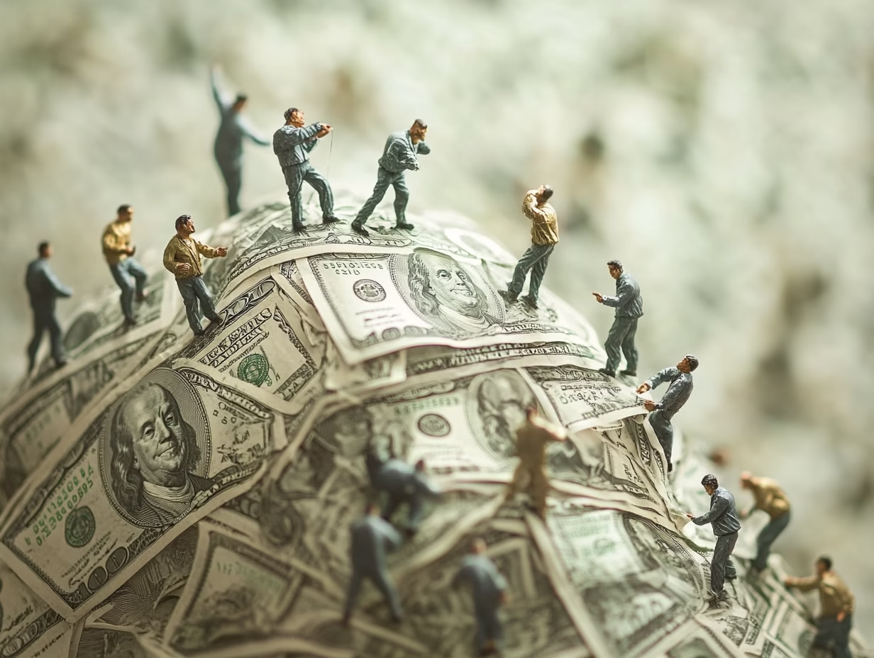Workers beneath a pile of money. Image: Eu, Brasileiro.